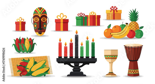 Kwanzaa Celebration Elements Gifts, Kinara, Fruits, and Cultural Symbols