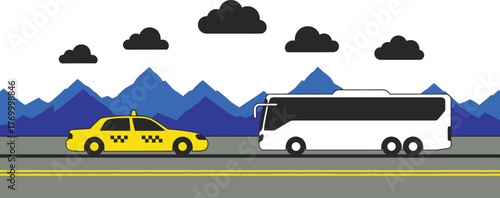 Yellow taxi and white bus travel on a road with mountains and clouds in the background