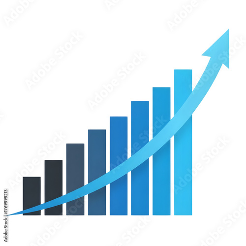Upward trending bar graph with a blue arrow indicating growth chart