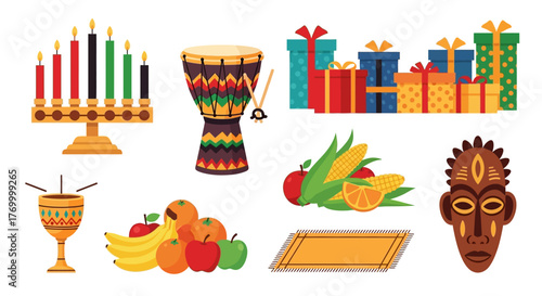Vibrant Kwanzaa Celebration Elements Kinara, Gifts, Drum, and Fruits