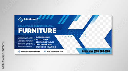 commercial and residentioal furniture banner template design. multicolored blue gradient on element and backgroud combined with white color. diagonal and arrowshape for photo space. horizontal layout 
