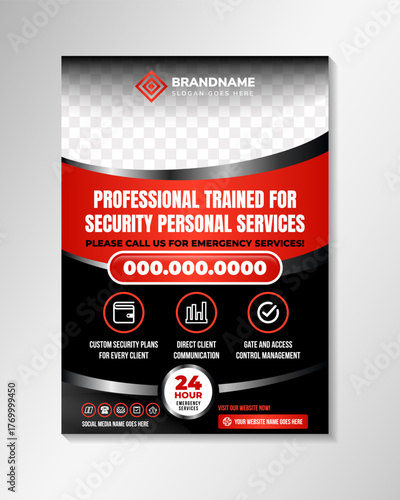 Professional Trained for security personal service flyer template design. vertical layout with space for photo. vector illustration use combination red, white, grey, and black colors.
