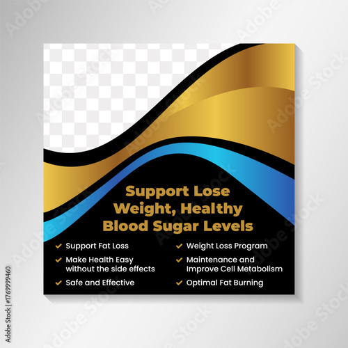 Support lose weight, healthy blood sugar levels social media post banner template. square layout with black background. wavy shape for photo space border with gold and blue gradient colors.