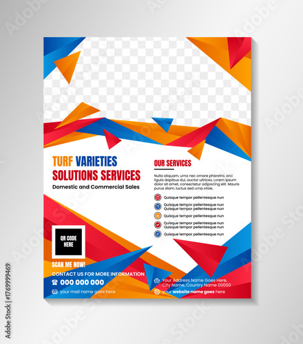 turf varieties solution services flyer design template on vertical layout. vector illustration banner with space for photo. colorful low poly concept. polygonal design wth gradient color elements