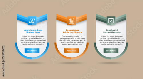 Vector infographic layout template with 3 buttons, steps, parts, options. Vertical banner with business icons and arrow design elements. three color variation can be selected.