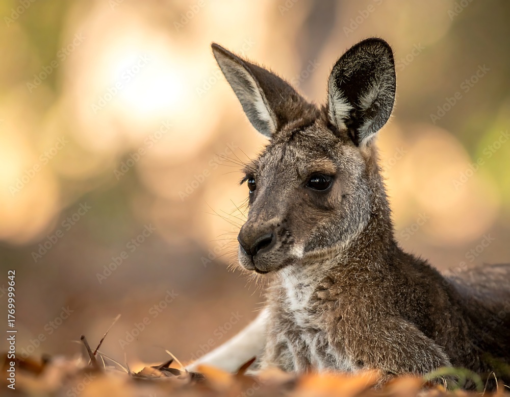 Fototapeta premium An adult marsupial resting on leaves, with a blurred, golden background