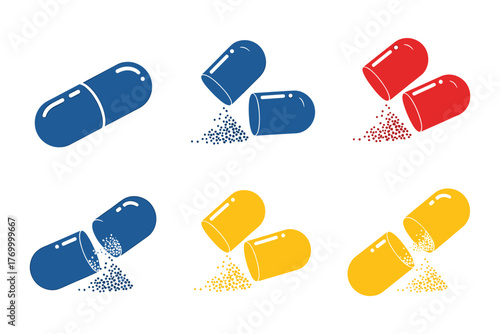 Set of Opened and Closed Medical Capsules Vector Illustration Collection