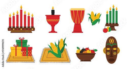 Kwanzaa Celebration Elements Kinara, Drum, Corn, Gifts, and Mask Set for Cultural Festivities