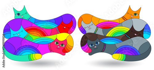 A set of stained glass illustrations with abstract cats, animals isolated on a white background