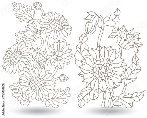Set of contour illustrations in stained glass style with sunflower flowers, dark outlines on a white background