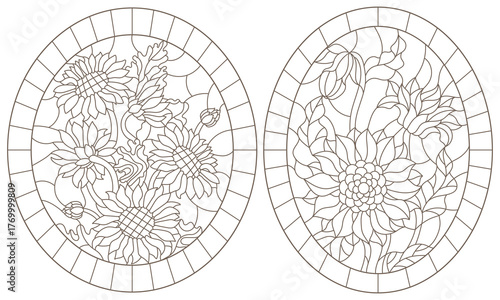 Set of contour illustrations in stained glass style with sunflower flowers, dark outlines on a white background
