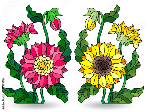Set of illustrations in a stained glass style with bright flowers, flowers isolated on a white background