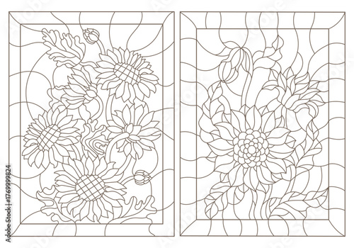 Set of contour illustrations in stained glass style with sunflower flowers, dark outlines on a white background