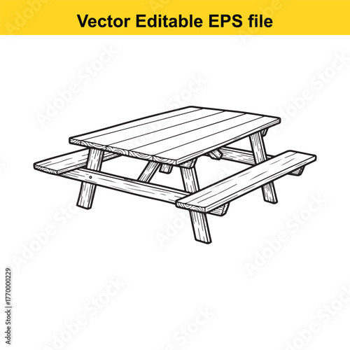 Line art illustration of a wooden picnic table with attached benches