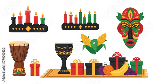 Kwanzaa Celebration with Kinara, Mkeka, Kikombe cha Umoja, Gifts, Fruits, Vegetables, and Djembe Drum