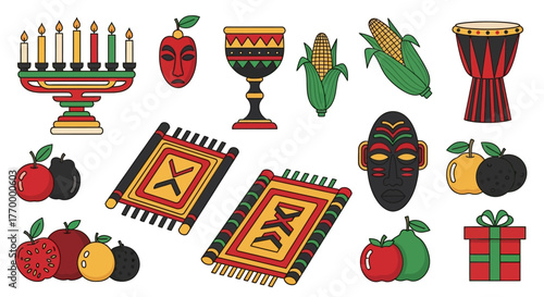 Kwanzaa Celebration Elements Colorful Vector Illustration of Symbols