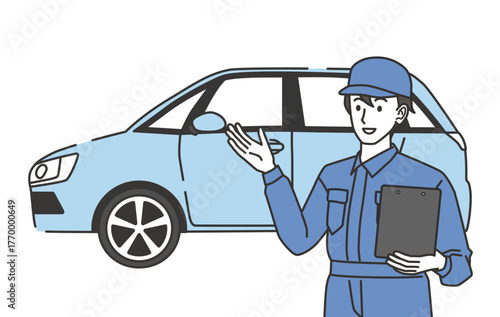 Mechanic explaining in front of a car illustration