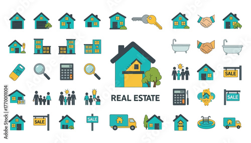 Collection of real estate icons and symbols, including houses, keys, calculators, and people