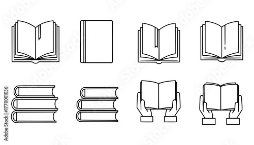 Collection of book icons, open and closed books, and books being held