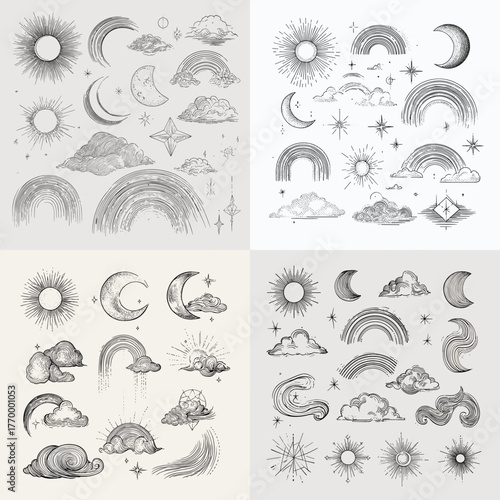 Hand-drawn celestial illustration set with sun, moon, clouds, stars, and rainbows in fine line style. Perfect for mystical tattoo design, astrology, and boho art projects.