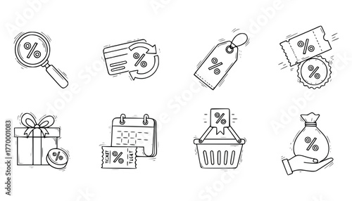 Set of handdrawn icons representing sales, discounts, and promotions