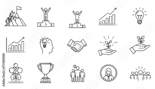 Collection of business and success icons, including growth, teamwork, and achievement