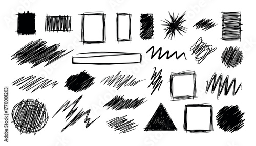 Collection of handdrawn sketchy elements including squares, rectangles, circles, triangles, and abstract shapes