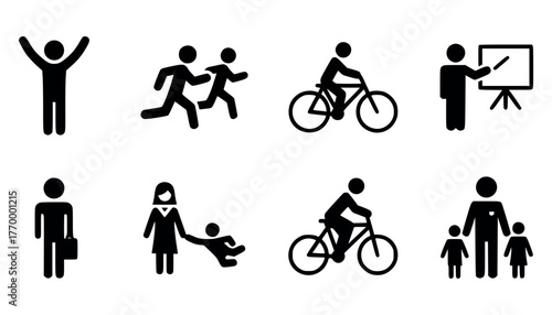 Collection of simple black pictograms representing various human activities and concepts