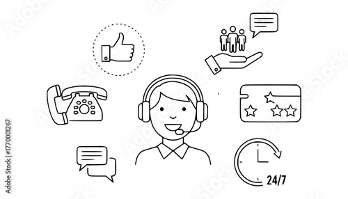 Customer service representative with headset, surrounded by icons representing support, communication, and satisfaction