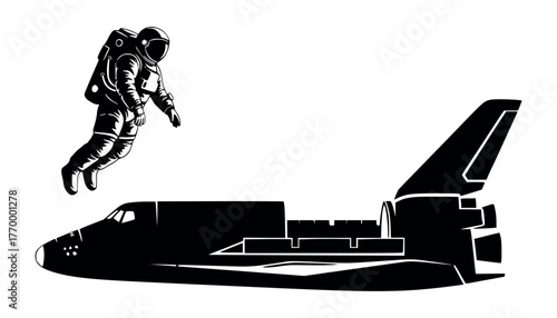 Astronaut floating in space next to a space shuttle