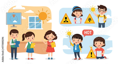 Cartoon Illustration of Children Learning About Safety Hazards. Vector Illustrations. EPS Editable
