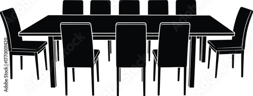 Elegant black dining table with multiple chairs set for a formal gathering