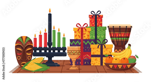 Kwanzaa Celebration with Gifts, Kinara, and Traditional African Symbols