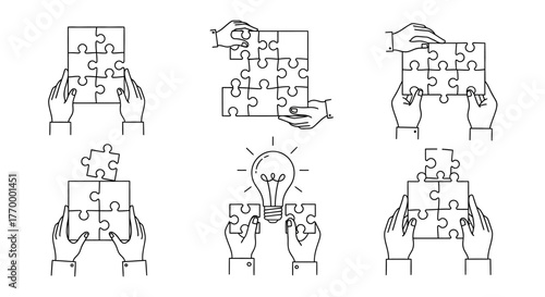 Hands Solving Puzzle A Visual Metaphor for ProblemSolving and Teamwork. Vector Illustrations. EPS Editable