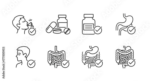 Health and Wellness Icons Digestive System and Treatment. Vector Illustrations. EPS Editable