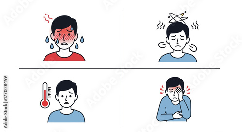 Illustrations of Common Illness Symptoms Fever Dizziness Temperature Headache. Vector Illustrations. EPS Editable