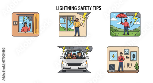 Lightning Safety Tips Staying Safe During Thunderstorms and Lightning. Vector Illustrations. EPS Editable