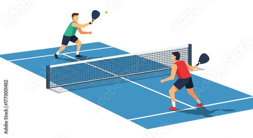 Isometric Pickleball Match Illustration on Blue Court. Vector Illustrations. EPS Editable