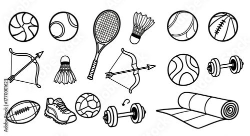 Sports equipment doodle collection for active lifestyle illustration. Vector Illustrations. EPS Editable