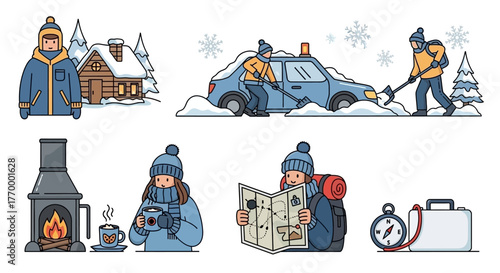 Winter Activities and Scenery Cozy Cabin Car Trouble and More. Vector Illustrations. EPS Editable