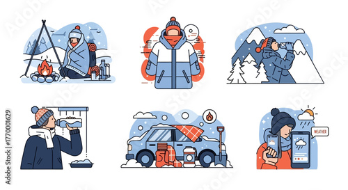 Winter Adventures Illustrated Scenes of Cold Weather Activities. Vector Illustrations. EPS Editable