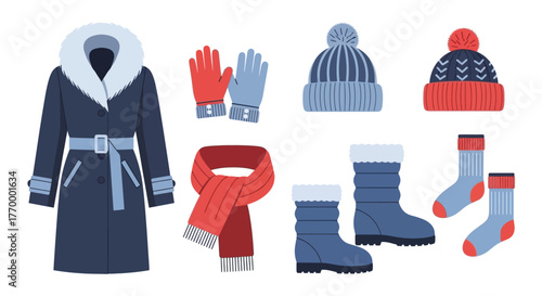 Winter Clothing Collection Coats Hats Gloves Scarves Boots Socks. Vector Illustrations. EPS Editable
