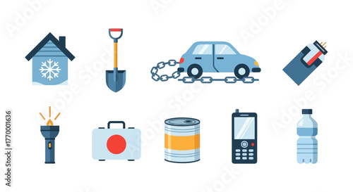 Winter Emergency Kit Essentials Preparedness for Cold Weather. Vector Illustrations. EPS Editable