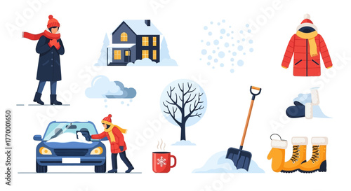 Winter Season Vector Illustration Set with Snowy Weather. Vector Illustrations. EPS Editable