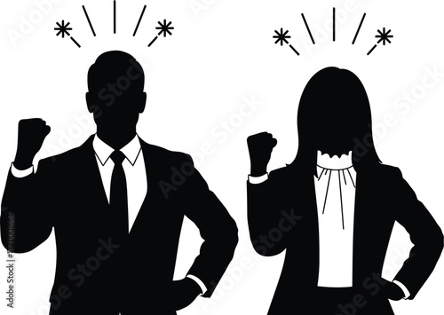 Successful business partners celebrate achievement with raised fists and radiating lines