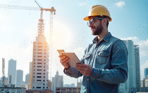 Future building construction engineering project concept with double exposure graphic design. Building engineer, architect people or construction worker working with modern civil equipment technology.