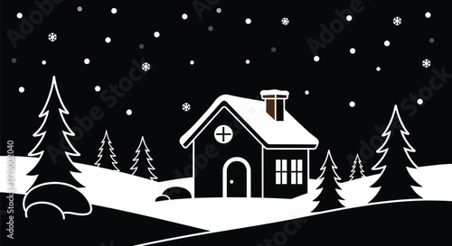 Cozy snow-covered house nestled amongst pine trees on a serene winter night