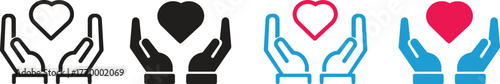 Heart in Hand Icon set. Healthcare, Donation and giving aid concept , Hands holding heart icon. Health, medicine symbol. Healthcare hands holding heart flat and line style. Love icon.