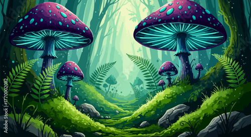 Enchanted Forest Watercolor Mushrooms in a Modern Fairytale Landscape