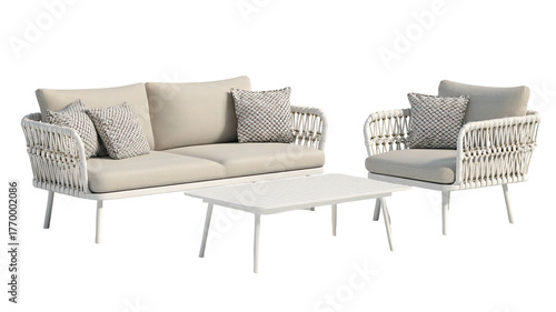 Outdoor furniture set sofa, chair, and table, all light-colored